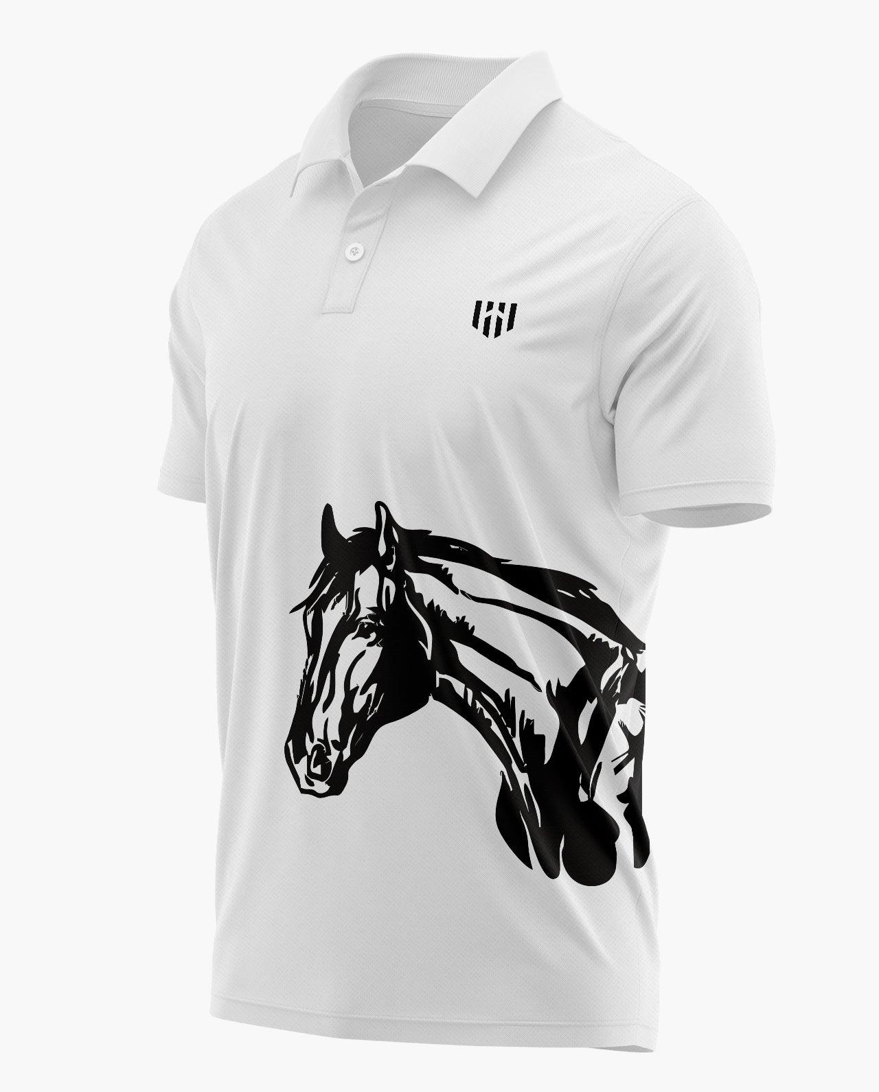 Black polo shop shirt white horse